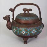 AN ORIENTAL ARCHAIC STYLE CHAMPLEVE & BRONZE EWER, 9.5in long including spout & 8.75in high to top