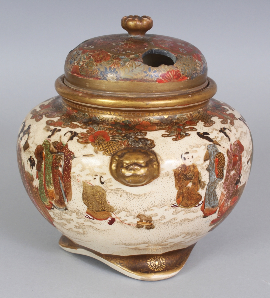 A GOOD QUALITY JAPANESE MEIJI PERIOD SATSUMA EARTHENWARE KORO & COVER BY KINZAN, the sides unusually - Image 2 of 10