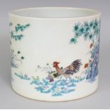 A LARGE CHINESE DOUCAI PORCELAIN CHICKEN BRUSHPOT, the sides decorated with roosters, chicks and