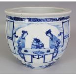 A 19TH CENTURY CHINESE BLUE & WHITE PORCELAIN JARDINIERE, painted with a continuous scene of
