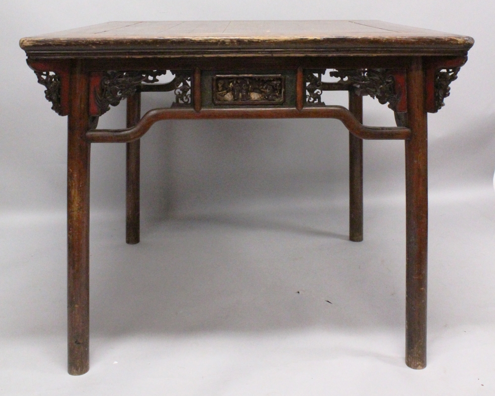 A 19TH CENTURY CHINESE SOFTWOOD SQUARE TABLE, with slightly flaring legs, the frieze centred on each - Image 3 of 6
