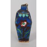 A CHINESE BLUE GROUND CLOISONNE ENAMEL SCENT BOTTLE & COVER, of triangular section, decorated with