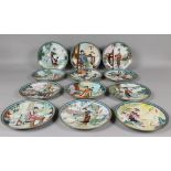 A SET OF TWELVE CHINESE PORCELAIN PLATES, each decorated with a scene of a lady in an interior,