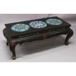 A 20TH CENTURY CHINESE CLOISONNE & LACQUERED WOOD LOW RECTANGULAR TABLE, the top surface inset