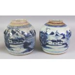 A NEAR PAIR OF 18TH/19TH CENTURY CHINESE BLUE & WHITE PROVINCIAL PORCELAIN JARS, each painted with a