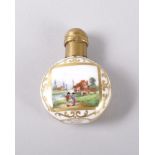 A MINIATURE 19TH CENTURY PARIS PILGRIM SHAPED PERFUME FLASK and metal stopper, the body painted with