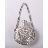 A FRENCH SILVER PILGRIM BOTTLE SHAPED SCENT BOTTLE on a chain with repousse decoration of figures,