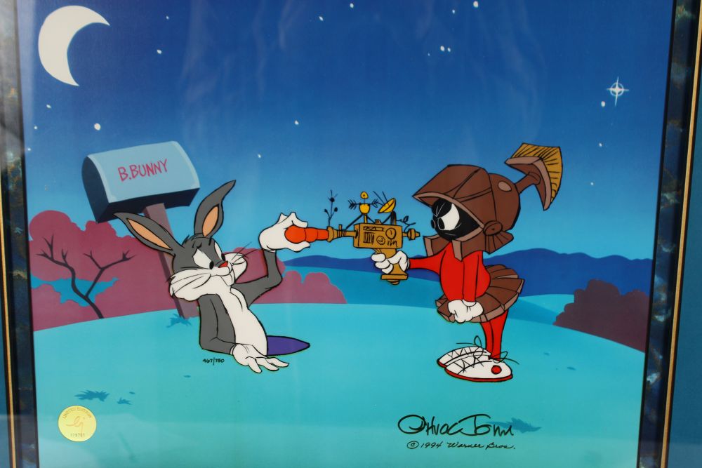 A HAND-PAINTED CHARACTER CEL, "BUGS BUNNY, AND MARVIN THE MARTIAN, PEACE AND CARROTS", WARNER BROS - Image 2 of 4