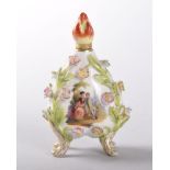 A 19TH CENTURY DRESDEN PORCELAIN FLOWER ENCRUSTED PERFUME BOTTLE AND STOPPER, the body with