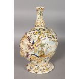 A FRENCH TIN GLAZE BOTTLE VASE painted with classical scenes with mask handles. 15ins high.