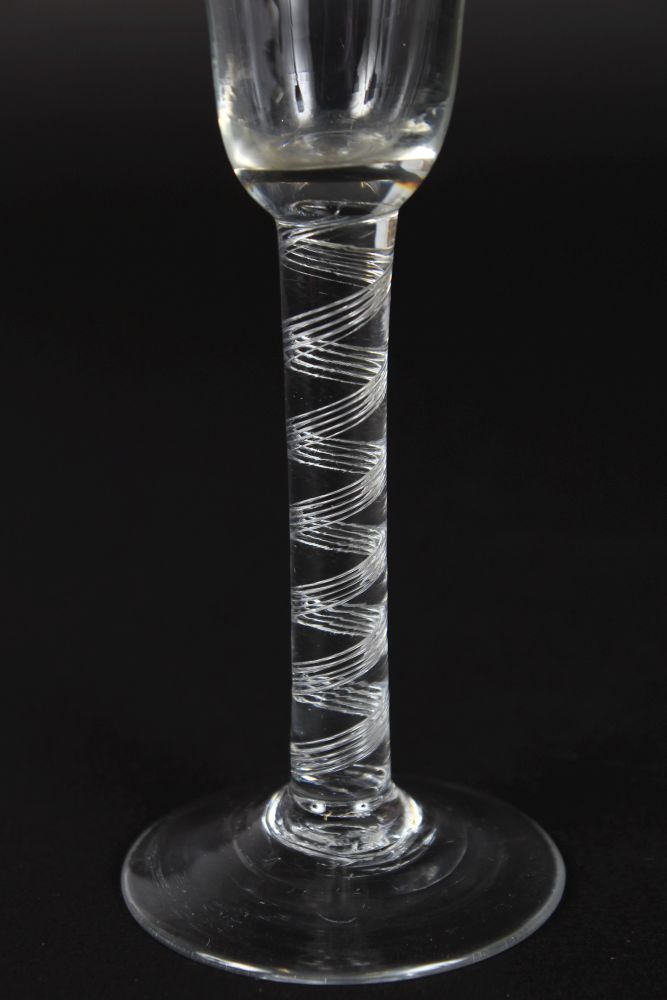 A GEORGIAN WATER GLASS with air twist stem, bowl engraved with fruiting vines. 6ins high. - Image 3 of 3