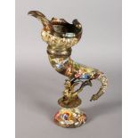 A SUPERB VIENNA ENAMEL SILVER GILT CORNUCOPIA VASE, with griffin support on a circular base. 12ins