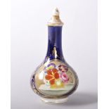 A 19TH CENTURY CROWN DERBY PORCELAIN PERFUME BOTTLE AND STOPPER with blue ground painted with a