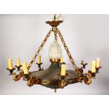 A GOOD FRENCH HANGING BRONZE AND GILT BRONZE CENTRE LIGHT with eight swan candle holders.