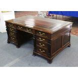 A SUPERB HARRODS "GILLOW MODEL" MAHOGANY PARTNERS DESK with inset leather top tooled in gilt, one