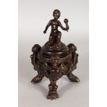 A BRONZE CLASSICAL INKWELL AND COVER. 7ins high.