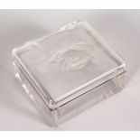 A GOOD LALIQUE SQUARE BOX AND COVER, the lid with a face of a cat. Engraved Lalique, France. 10cms.