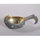 A SMALL RUSSIAN SILVER AND CHAMPLEVE ENAMEL QUAICH. Stamped Head 84 EH. 9cms long.