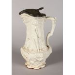A CHARLES MEIGH JUG WITH PEWTER LID, the body moulded with classical figures and bulrushes. Bears