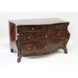 A SUPERB RARE 18TH CENTURY MALTESE SERPENTINE FRONTED COMMODE, with crossbanded top, three long
