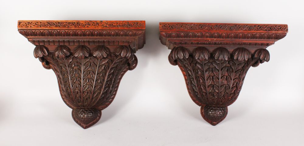 A VERY GOOD PAIR OF HEAVY CARVED WOOD BRACKETS, with egg and tongue moulding, and carved leaf