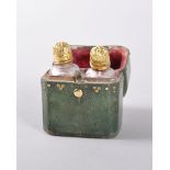 A MINIATURE 18TH CENTURY SHAGREEN PERFUME CASE with gold studs, containing two crystal perfume