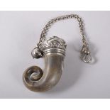 A SCOTTISH VINAIGRETTE made from a wild sheep horn with silver mounts and amber stone and chain, the