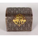 A RARE SMALL GERMAN BERLIN STEEL DOMED BOX with brass mounts. 6.5cms long, 5cms high.