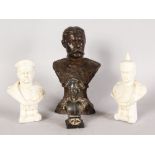 TWO SMALL PARIAN BUSTS OF VON HINDENBURG AND WILHELM II, 4.5ins high, a small bronze bust of NELSON,