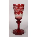 A GOOD LARGE 19TH CENTURY BOHEMIAN GOBLET, ruby etched with a continuous scene of deer in a