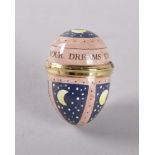 A MINIATURE EGG SHAPED ENAMEL BOX, "May All Your Dreams Come True". 3.5cms.