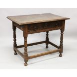 AN 18TH CENTURY OAK STRAIGHT FRONT SIDE TABLE with three plank top, one long frieze drawer with