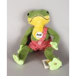 A STEIFF "HIPPIE FROSCH" (28) FROG TOY. 12ins long.