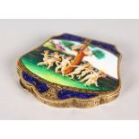 A GOOD CONTINENTAL SHAPED BLUE, GILT AND ENAMEL COMPACT, the top with a cupid dancing around a tree.