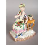 A GOOD 19TH CENTURY MEISSEN GROUP, "SMELL", a young girl seated holding a bunch of flowers. Cross