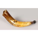AN EARLY HORN etched with a lion. 12ins.