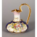 A DERBY BULBOUS JUG, blue and gilt ground, encrusted with flowers. Red mark. 5.5ins high.