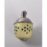 A PAINTED IVORY POMANDER with silver screw top and silver base, CIRCA. 1800. 4.5cms. Provenance: