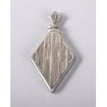 A FRENCH SILVER MINIATURE DIAMOND SHAPED SCENT BOTTLE AND STOPPER.