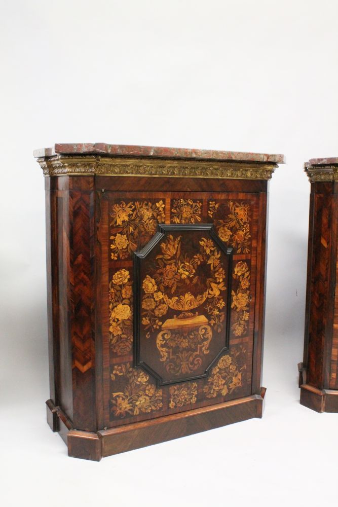 A SUPERB PAIR OF VICTORIAN MARQUETRY CABINETS, with grey veined marble tops, ormolu mounts, and - Image 2 of 4