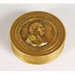 A SMALL BRASS CIRCULAR BOX AND COVER, "CHARLES JAMES FOX". 3ins diameter.