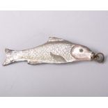 A RARE 19TH CENTURY BILSTON ENAMEL "FISH" PERFUME BOTTLE AND STOPPER, 11cms long. Provenance: P.