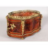 A 19TH CENTURY FRENCH LOUIS XVI SHAPED MAHOGANY AND ORMOLU PLANTER with tin liner. 14ins long, 6.