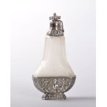 A 19TH CENTURY ITALIAN FROSTED SHAPED GLASS SCENT BOTTLE with silver top, stopper and base. 10cms