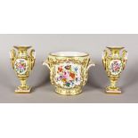 A GOOD PARIS PORCELAIN CIRCULAR JARDINIERE AND MATCHING PAIR OF VASES, strewn in gilt and painted