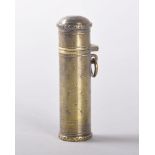 A 19TH CENTURY FRENCH SILVER GILT CYLINDRICAL PERFUME BOTTLE with hinged top, engraved with small