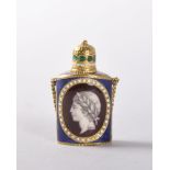 A SUPERB LOUIS XVI PERIOD GOLD AND ENAMEL OVAL PERFUME BOTTLE, blue ground inset with a Grisaille