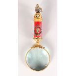 A SUPERB RUSSIAN SILVER AND ENAMEL MAGNIFYING GLASS set with diamond, crowned eagle and helmet.