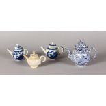 AN ADAMS BLUE AND WHITE CHINESE PATTERN TEAPOT, TWO SMALL WILLOW PATTERN TEAPOTS and a small