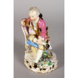 A GOOD 19TH CENTURY MEISSEN FIGURE OF A YOUNG MAN sitting on a chair reading a book. Cross swords